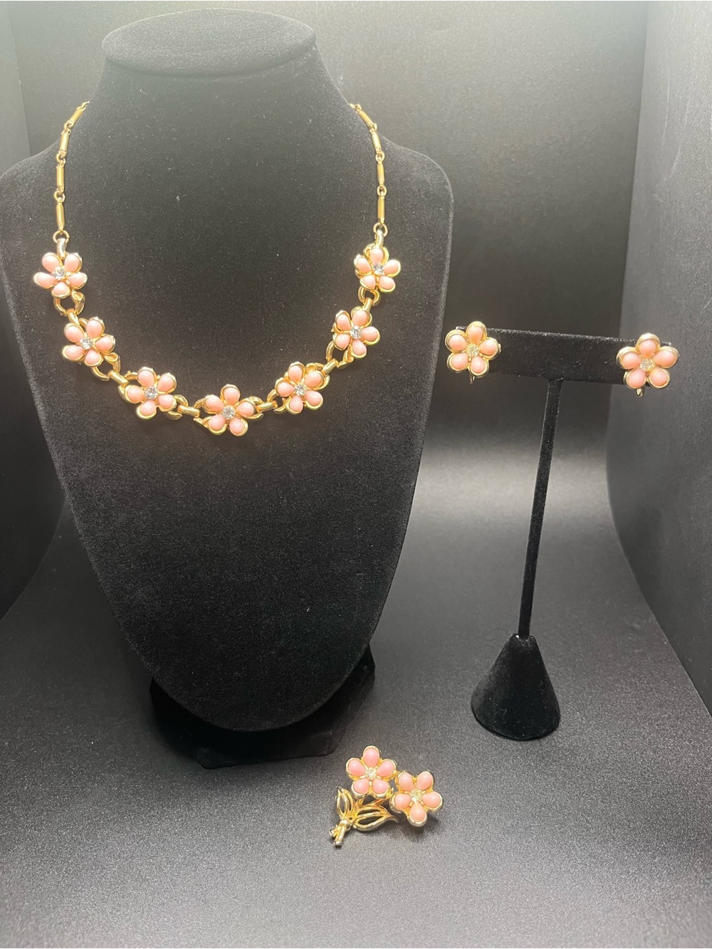 Vintage Pink Flower Necklace Earrings Brooch Set Screw Back